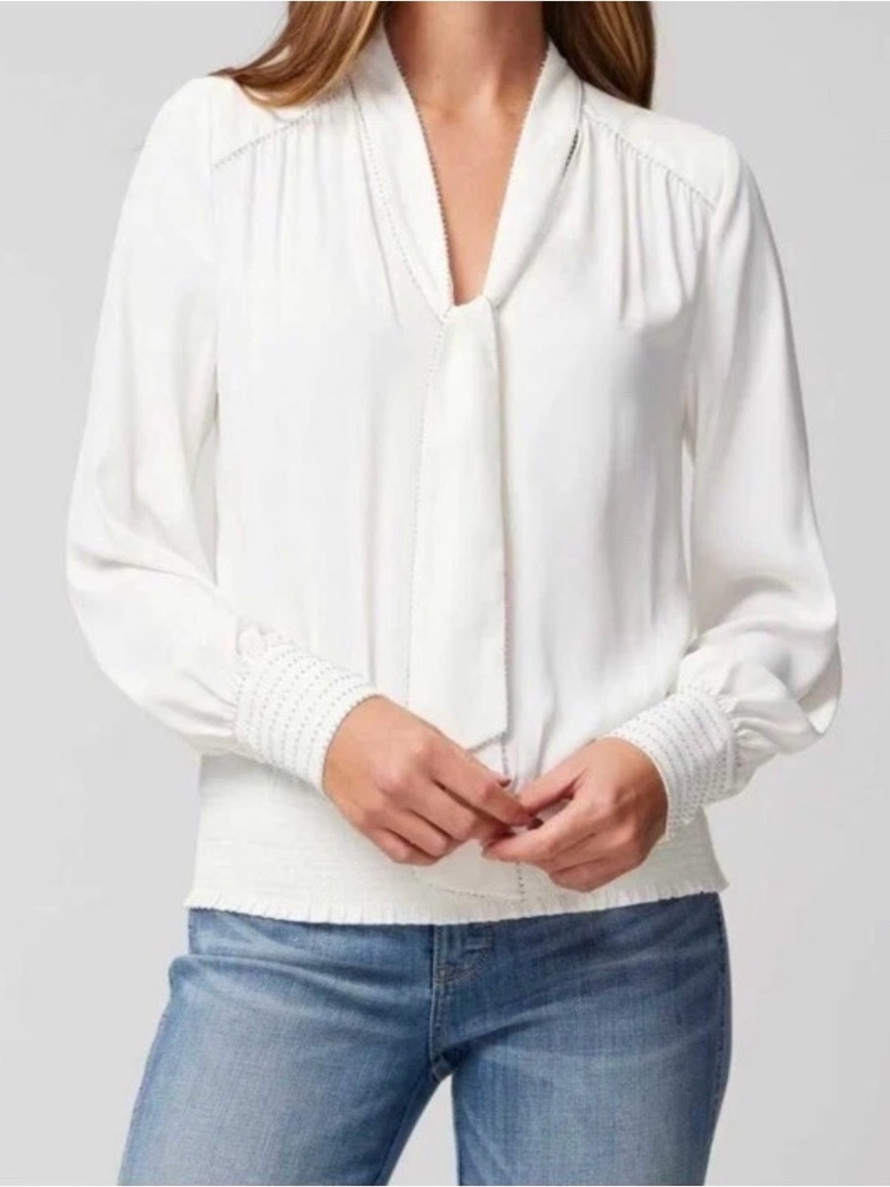 White House Black Market Cream Dainty Beaded Tie-Neck Blouse Smocking Cottage